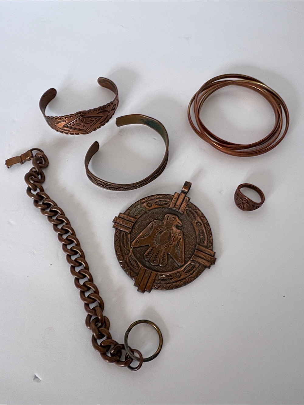 Vintage Southwestern Solid Copper Jewelry Lot - 7 Pieces with Thunderbird Medall